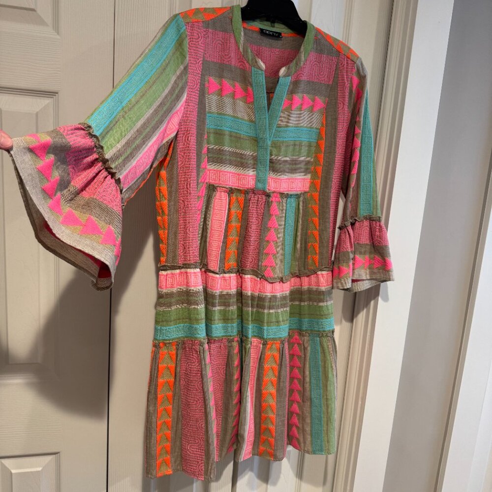 APNY Mixed Print Tiered Cotton Tunic Dress in Pink Multi Size M - Picture 11 of 14